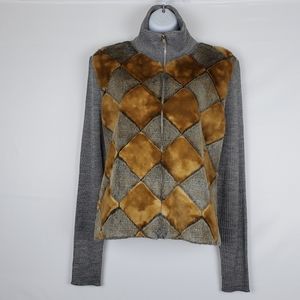 Newport News Diamond Faux Fur Zip Up Sweater M